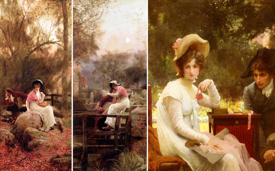 Ilustracja przedstawia zestawienie trzech obrazów. Na pierwszym obrazie znajduje się młoda kobieta siedząca na dużym kamieniu. Kobieta ubrana jest w długą, elegancka suknię, na ramionach ma chustę, na głowie kapelusz. Trzyma na kolanach bukiet kwiatów. Za plecami kobiety, także na kamieniu siedzi młody mężczyzna Podpiera głowę prawą ręką. Mężczyzna ubrany jest w surdut, koszulę z żabotem, spodnie za kolana i wysokie buty. Trzyma pod lewą pachą dużą książkę. Wokół kamieni, na których siedzi ta dwójka ludzi, leżą liście, w tle znajdują się drzewa. Na drugim obrazie znajduje się ta sama para młodych ludzi, co na obrazie pierwszym. Są na niewielkim, drewnianym mostku. Kobieta siedzi na jego poręczy i przytula do siebie stojącego obok mężczyznę. W tle domostwo. Na trzecim obrazie znajduje się siedząca w ogrodzie, przy niewielkim stoliku, młoda kobieta. Ubrana jest w jasną, długą, elegancką suknię, na głowie ma kapelusz z kwiatami. Kobieta siedzi prawym bokiem do widza, ma w jego stronę odwróconą głowę. Trzyma lewą rękę wspartą na stoliku, a w dłoni kwiat. Po drugiej stronie stolika siedzi młody mężczyzną w surducie i kapeluszu na głowie. Patrzy się na kobietę. 