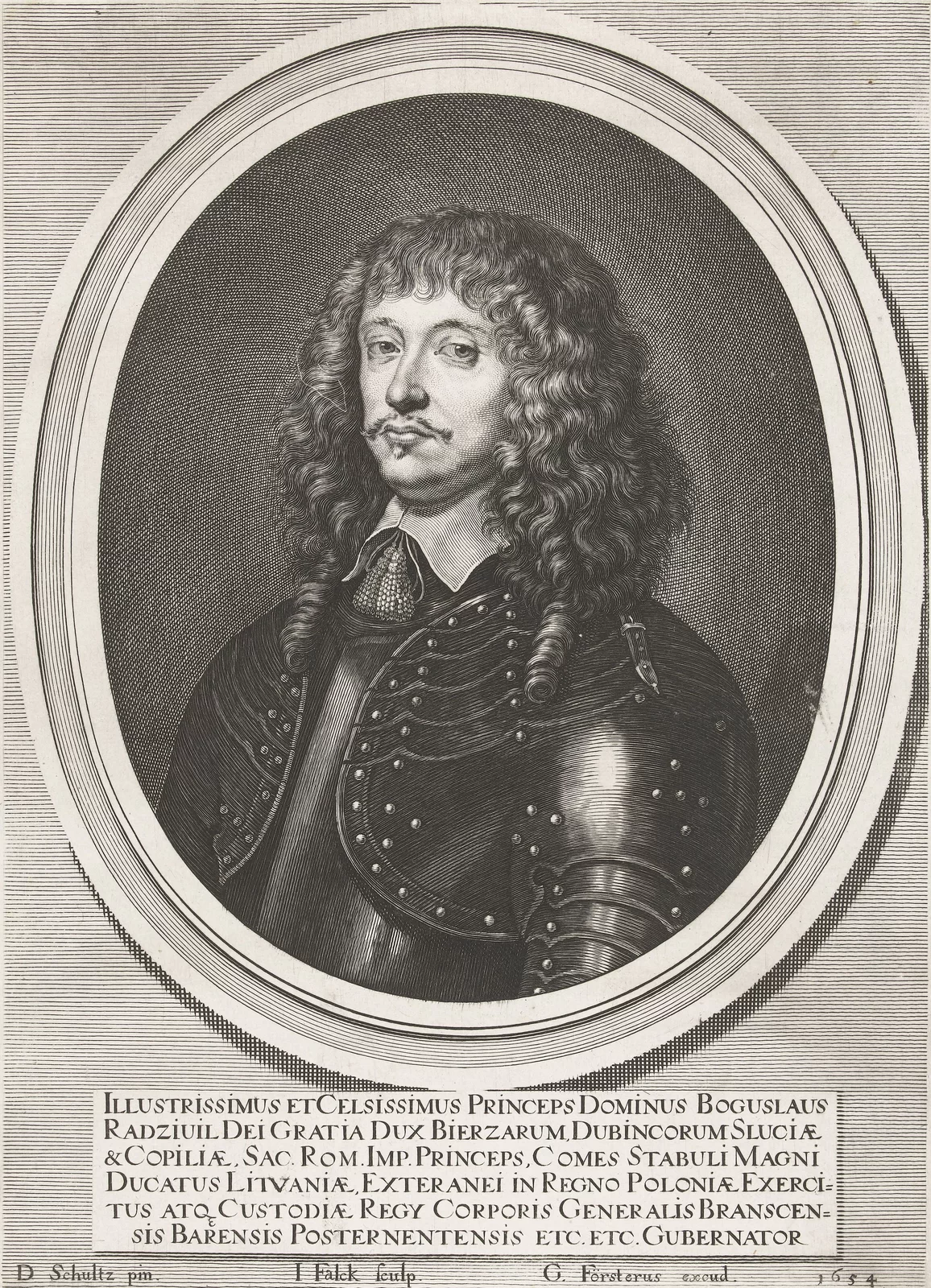 Kliknij, aby powiększyć. Na ilustracji przedstawiono portret Bogusława Radziwiłła – popiersie. Jest on ubrany w zbroję. Jego włosy są kręcone i sięgają ramion. Ma długie cienkie wąsy.