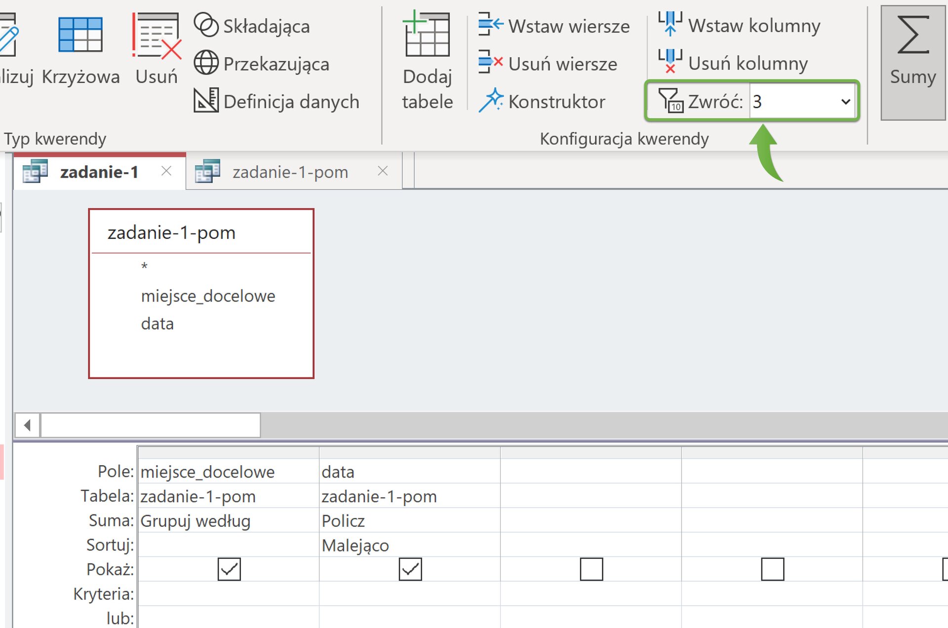 Ilustracja przedstawia widok programu z prostokątem, w którym zapisano: zadanie‑1-pom, a poniżej: miejsca_docelowe, data. Poniżej są dwie kolumny. W polu obok nazwy: Pole wpisano miejsce_docelowe, następnie w kolejnym polu obok wpisano data. Poniżej w polu obok nazwy Tabela wpisano zadanie‑1-pom i obok ponownie zadanie‑1-pom. W komórkach dotyczących Sumy wpisano Grupuj według oraz Policz. W jednej z komórek kolumny dotyczącej Sortowania wpisano Malejąco. W komórkach  o nazwie Pokaż, zaznaczono ptaszki. We wstążce zaznaczono Zwróć 3.   