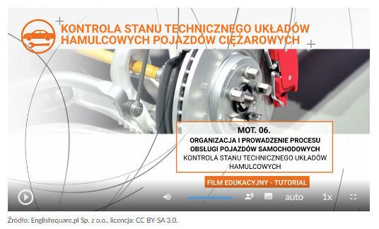 Grafika przedstawia kadr tytułowy filmu edukacyjnego. U góry znajduję się nazwa lekcji kontrola stanu technicznego układów hamulcowych pojazdów ciężarowych. Na środku znajduję się napis M O T kropka 0 6 kropka Organizacja i prowadzenie procesu obsługi pojazdów samochodowych. Pod tytuł kontrola stanu technicznego układów hamulcowych. W tle widać tarcze hamulcowe. Natomiast na samym dole znajdują się funkcje obsługi filmu. Są to od lewej: przycisk wznowienia i zatrzymania, pasek długości, ustawienia dźwięku, napisów, jakości nagrania, oraz prędkości odtwarzania.