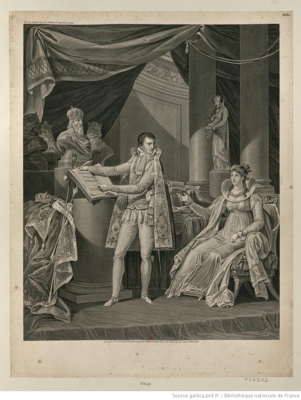 Ilustracja przedstawia Napoleona, który trzyma wielką księgę. Po prawej stronie na krześle siedzi kobieta w bogato zdobionej sukni.