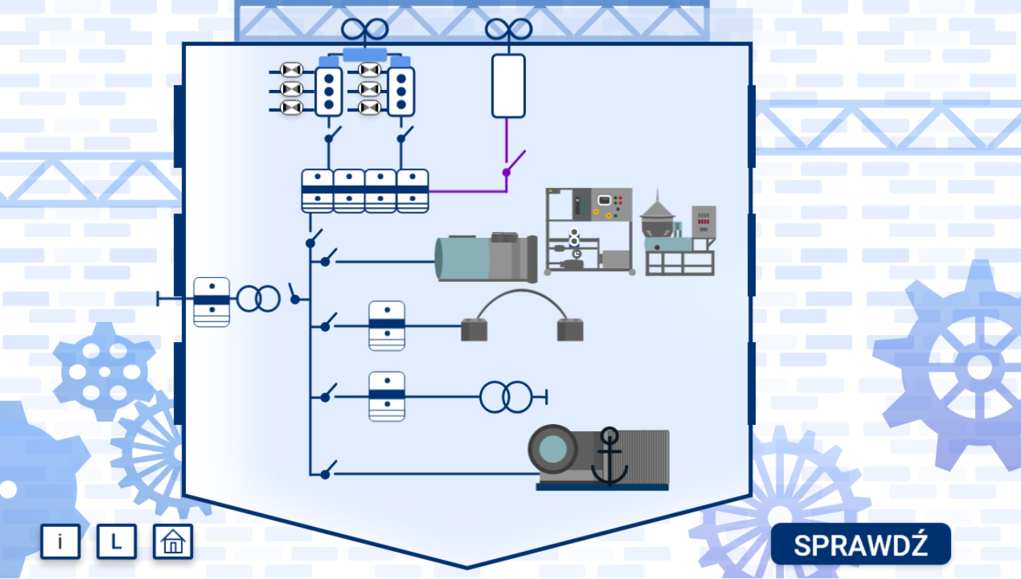 Grafika przedstawia przykładowy ekran symulatora. Widoczna jest na nim dość skomplikowana instalacja składająca się z przełączników i różnych urządzeń. Pod instalacją widnieje kilka przycisków. Są to instrukcja, legenda i powrót do ekranu startowego.