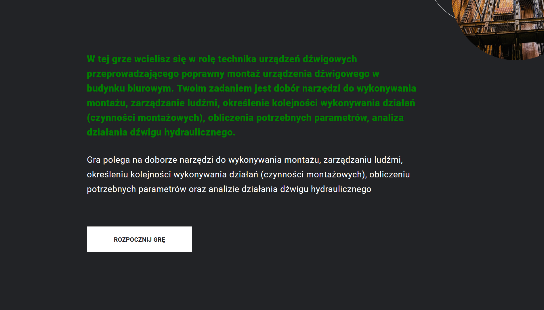 Ilustracja przedstawia planszę, na której znajduje się opis gry edukacyjnej. Pod spodem znajduje się klawisz: rozpocznij grę.