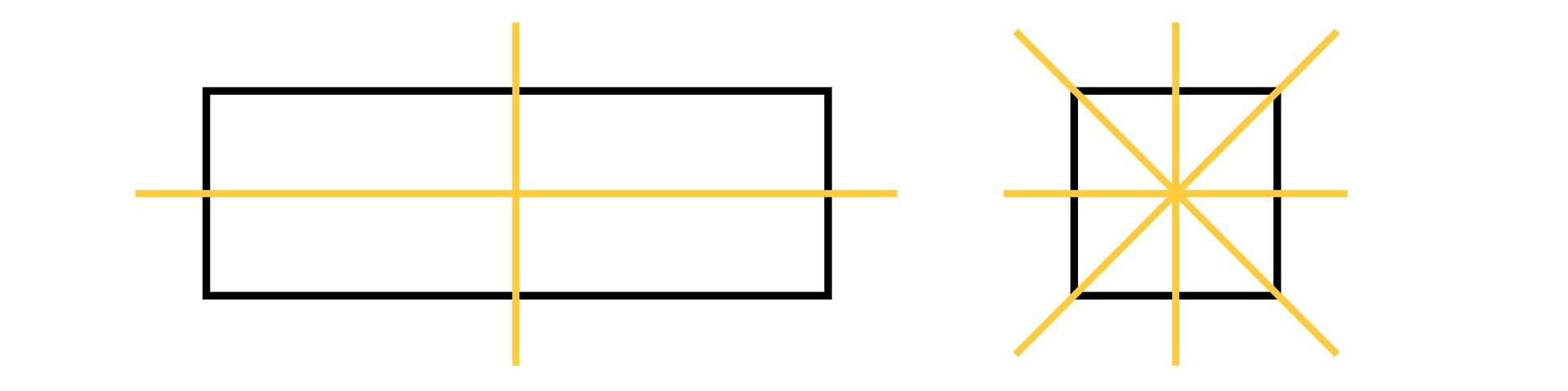Na ilustracji przedstawiono prostokąt oraz kwadrat. Zaznaczono dwie osie symetrii w prostokącie, przechodzące przez środki przeciwległych boków. W kwadracie zaznaczono cztery osie symetrii, przechodzące przez środki przeciwległych boków oraz przeciwległe wierzchołki.
