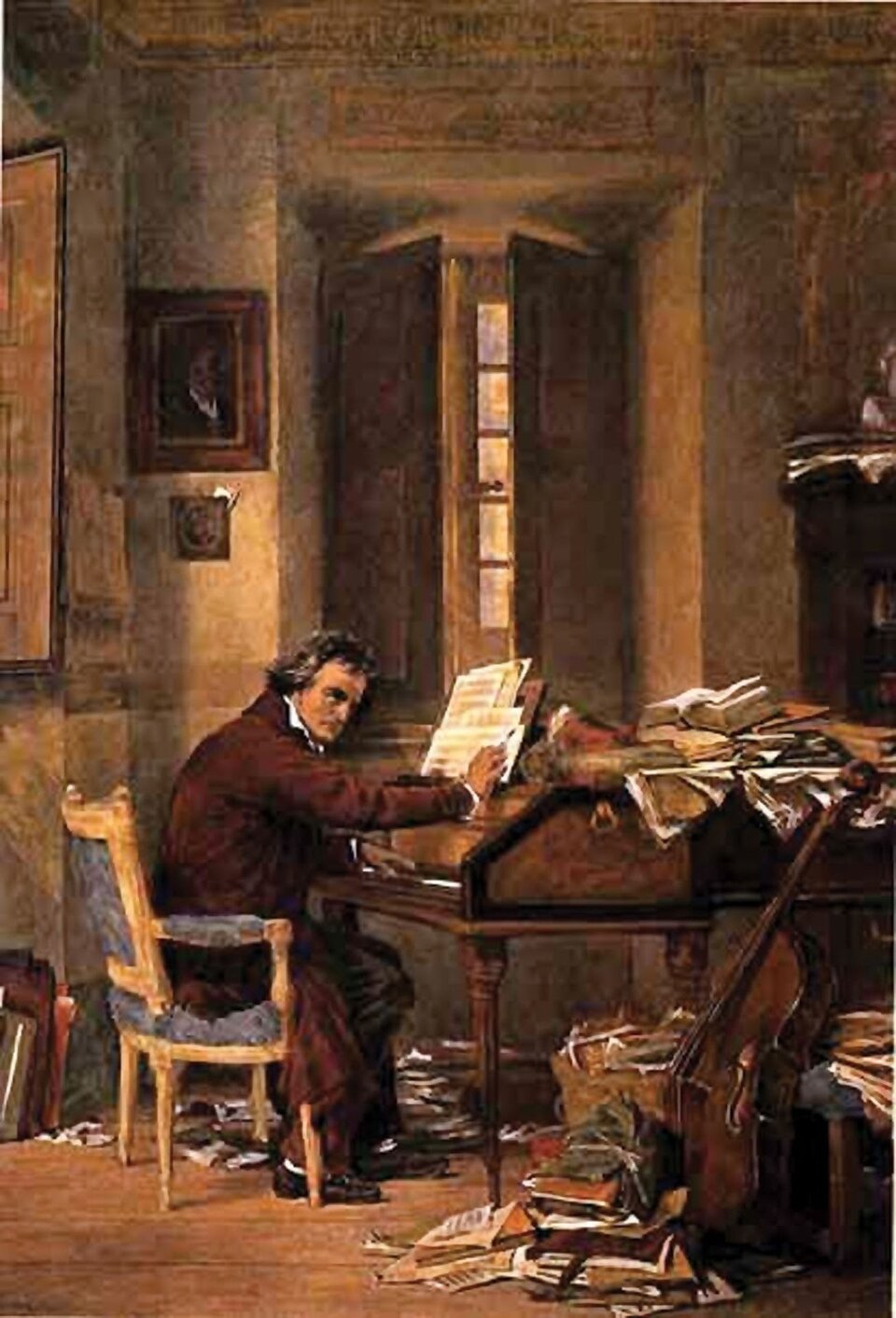 Ilustracja przedstawia obraz Carla Schloessera „Ludwig van Beethoven przy pracy”. Na obrazie kompozytor siedzi przy fortepianie. Jedną rękę trzyma na klawiszach, natomiast w drugiej trzyma ołówek i notuje na kartkach.