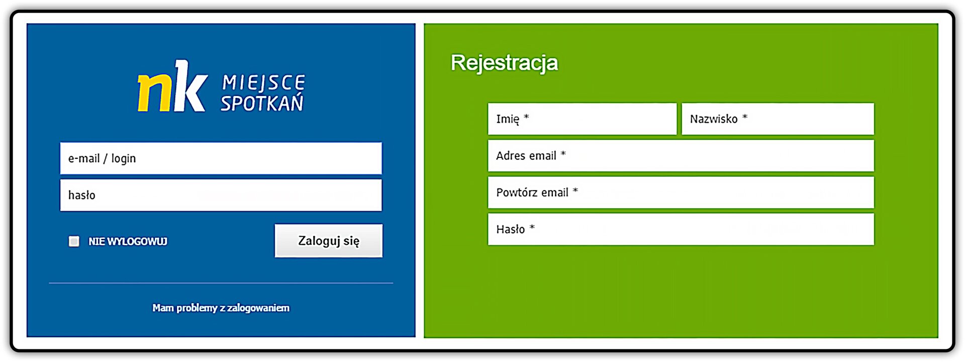 Zrzut okna logowania i rejestracji portalu społecznościowego nk