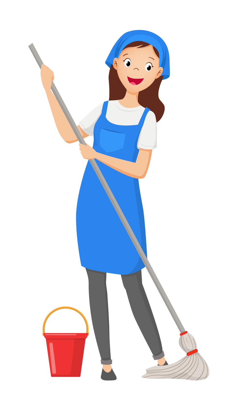 Ilustracja przedstawia sprzątaczkę z mopem.