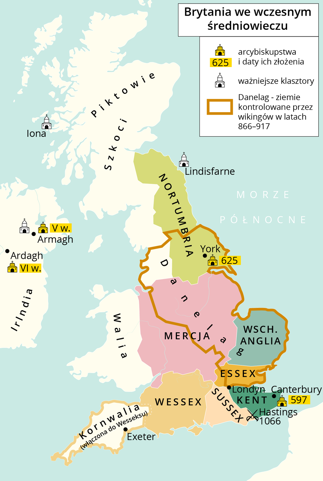 Mapa przedstawia Brytanię we wczesnym średniowieczu. Ważiejsze klasztory znajdowały się w Loanie, Lundisfarne i Armagh. Arcybiskupstwa powstały w 597 roku w Canterbury, w 625 w Yorku, w szesnastym wieku w Ardagh oraz w piątym wieku w Armagh. Danelang czyli ziemie kontrolowane przez Wikingów od 866 do 917 rku zajmowały obszar Essexu, Wschodniej Anglii, Południowej Nortumbrii oraz zachodniej Mercji. Wessex, Kornwalia później do niego włączona, Sussex oraz Kent nie znajdowały się pod kontrolą wikingów. Północne tereny Wielkiej Brytanii były zamieszkiwane prze Szkotów i Piktów.
