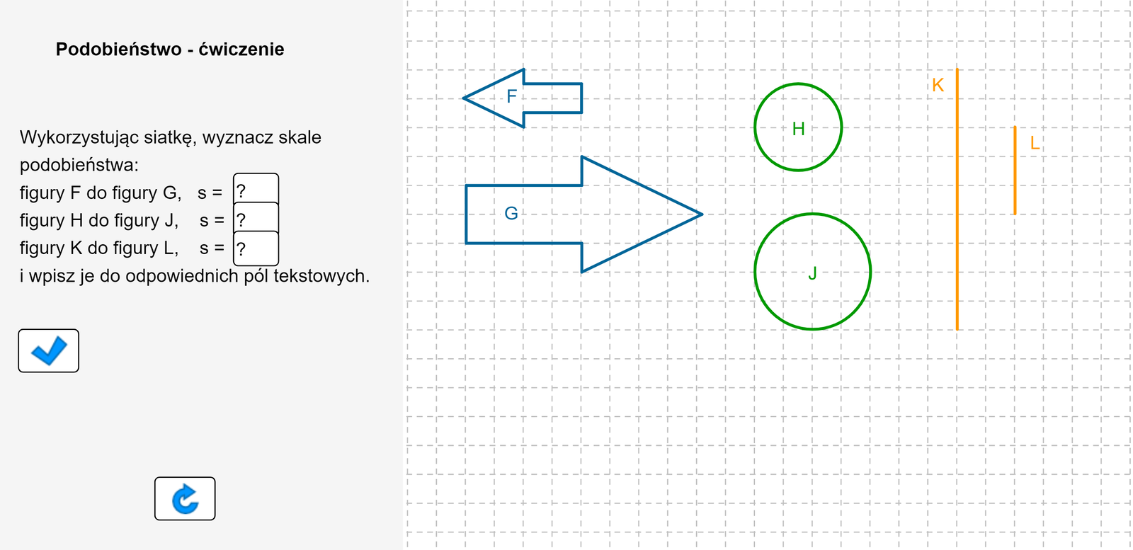 Aplet przedstawia trzy pary figur podobnych F i G: strzałki, okręgi i odcinki. Należy wyznaczyć skale podobieństwa figury F do figury G.