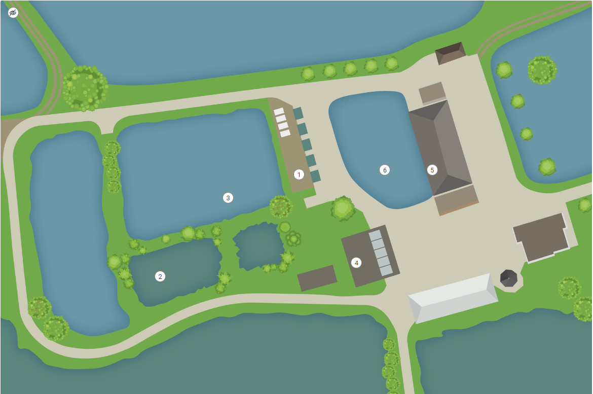 Zdjęcie przedstawia przykładowy wygląd infografiki z tego materiału. Grafika przedstawia gospodarstwo karpiowe w widoku z góry. Widoczne są liczne stawy, groble, a także kilka budynków. W kilku miejscach na obrazku znajdują się okrągłe białe znaczniki z czarnymi cyframi. W górnym lewym rogu widać znacznik przekreślonego oka.