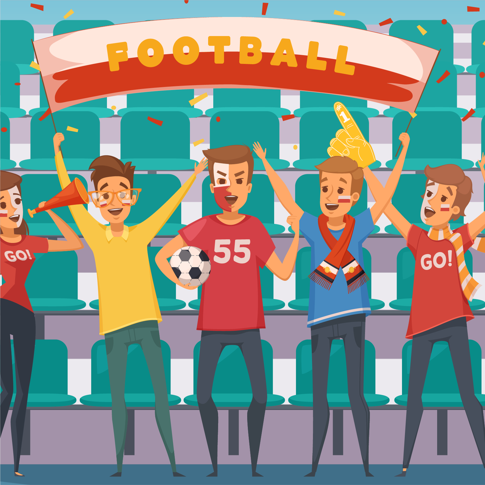 Ilustracja przedstawia kibiców na trybunach, wiwatujących i podnoszących ręce. W kolejności od lewej, jest to kobieta z połową twarzy pomalowaną na kolor biały, na drugim policzku flaga polski. W ręce trąbkę kibica. Na czerwonej koszulce, widać napis Go! Kolejny jest mężczyzna ubrany w żółtą koszulę, oraz duże okulary. Podnosi ręce do góry. Na środku stoi mężczyzna trzymający w ręce piłkę do nogi. Połowa jego twarzy pomalowana jest w barwy flagi Polski. Na czerwonej koszulce, widać liczbę pięćdziesiąt pięć. Obok stoi mężczyzna w niebieskiej podkoszulce i czerwonym szaliku. Trzyma obie ręce w górze. Ostatni z mężczyzn, ma pomalowaną połowę twarzy na kolor biały. Na policzku ma flagę polski. Wokół szyi, owinięty ma pomarańczowo‑biały szalik. Na czerwonej koszulce, znajduje się napis: Go!. Na jednej z rąk, nałożoną ma żółta pięść. 