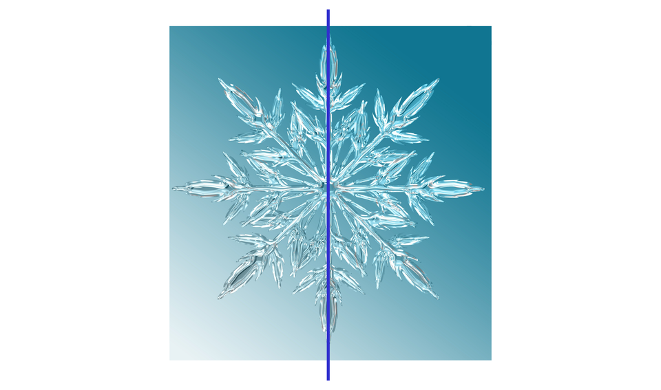 Ilustracja przedstawia płatek śniegu. Przez jego środek przebiega prosta. Jest to oś symetrii, oznaczająca podzielenie figury na dwie identyczne części. 