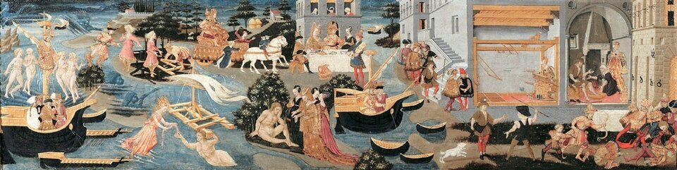 Obraz przedstawia fragment miasta nad brzegiem morza. Na morzu przedstawiono kilka scen z podróży Odysa. Od lewej: Odyseusz wśród syren, stoi na statku przywiązany do masztu, wokół niego znajdują się cztery nagie kobiety, Odyseusza u Kirke i Kalipso, Odyseusz płynie na okręcie Feaków do Itaki, Penelopa przy krosnach, przegonienie zalotników przez Odyseusza. Poszczególne sceny umieszczone są jedna po drugiej. Przy brzegu stoją statki z żaglami, gdzieniegdzie rosną zielone drzewa. Sceny przygód Odysa przeplatane są obrazami współczesnymi dla autora. 