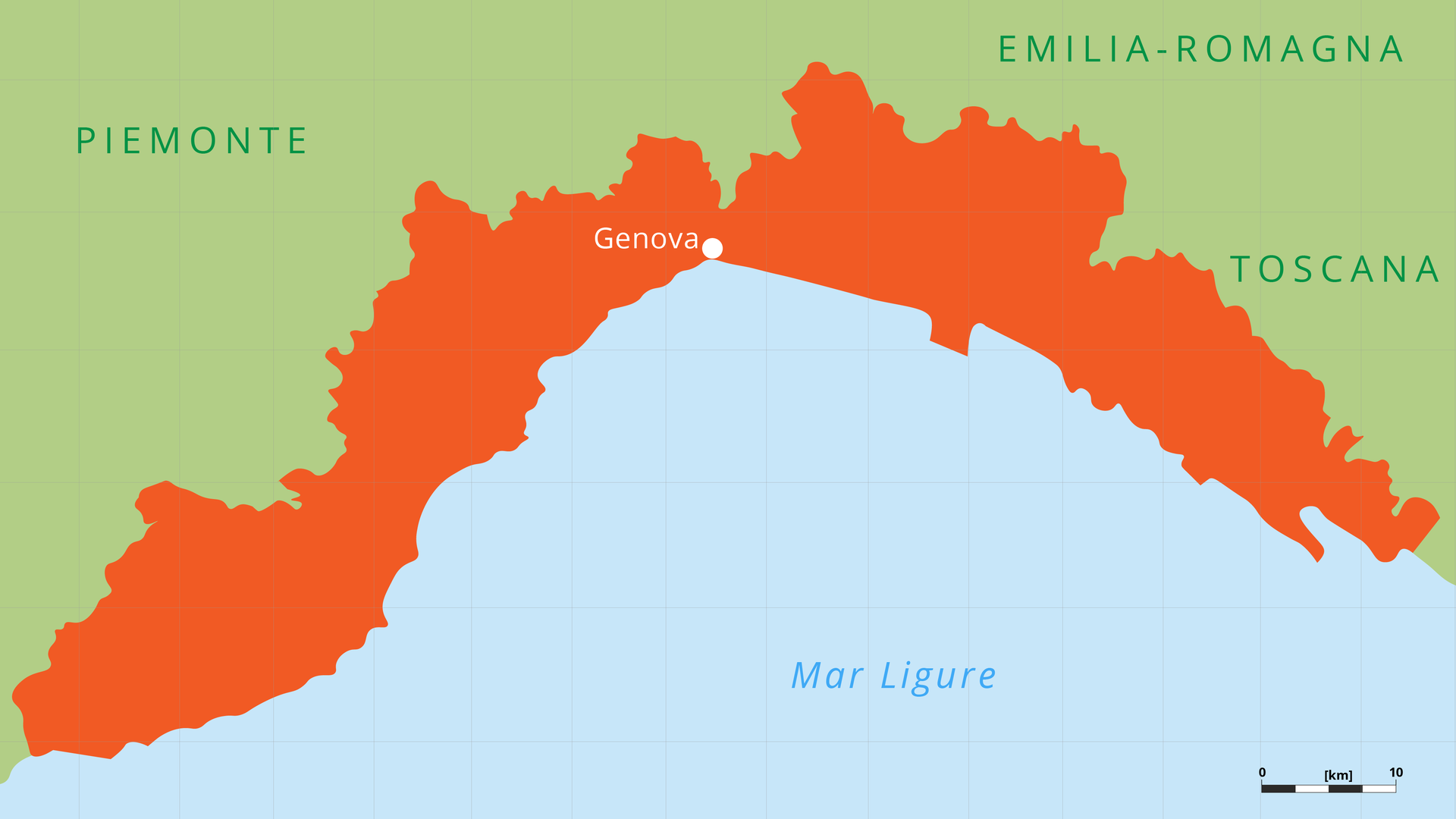 Grafika przedstawia fragment mapy Włoch, na której innym kolorem zaznaczona jest Liguria. W środkowej części Ligurii zaznaczone jest miasto Genova. Na południe od lądu widoczna jest zatoka i napis: Mar Ligure. Na mapie widoczne są także nazwy sąsiadujących z Ligurią regionów: Piemonte, Emilia‑Romagna i Toscana.