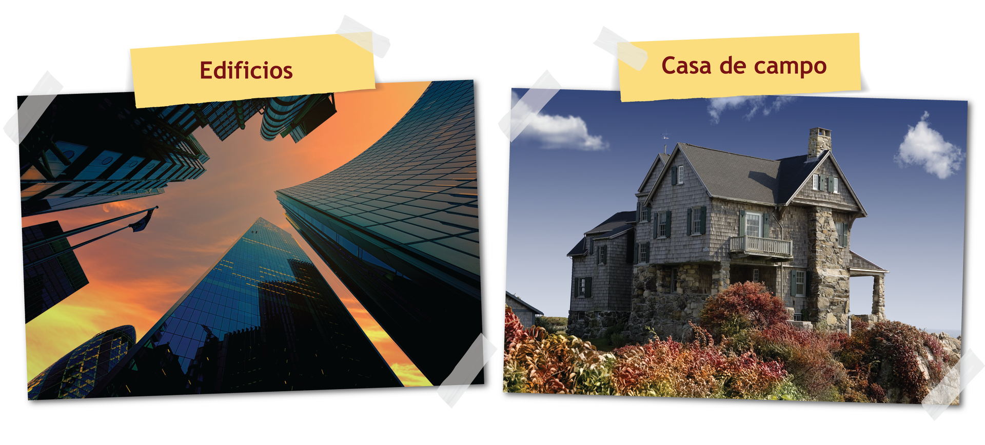 Ilustracja przedstawia dwa zdjęcia. Na pierwszym widoczne są wieżowce z podpisem "edificios", a na drugim rustykalny dom z podpisem "casa de campo".
