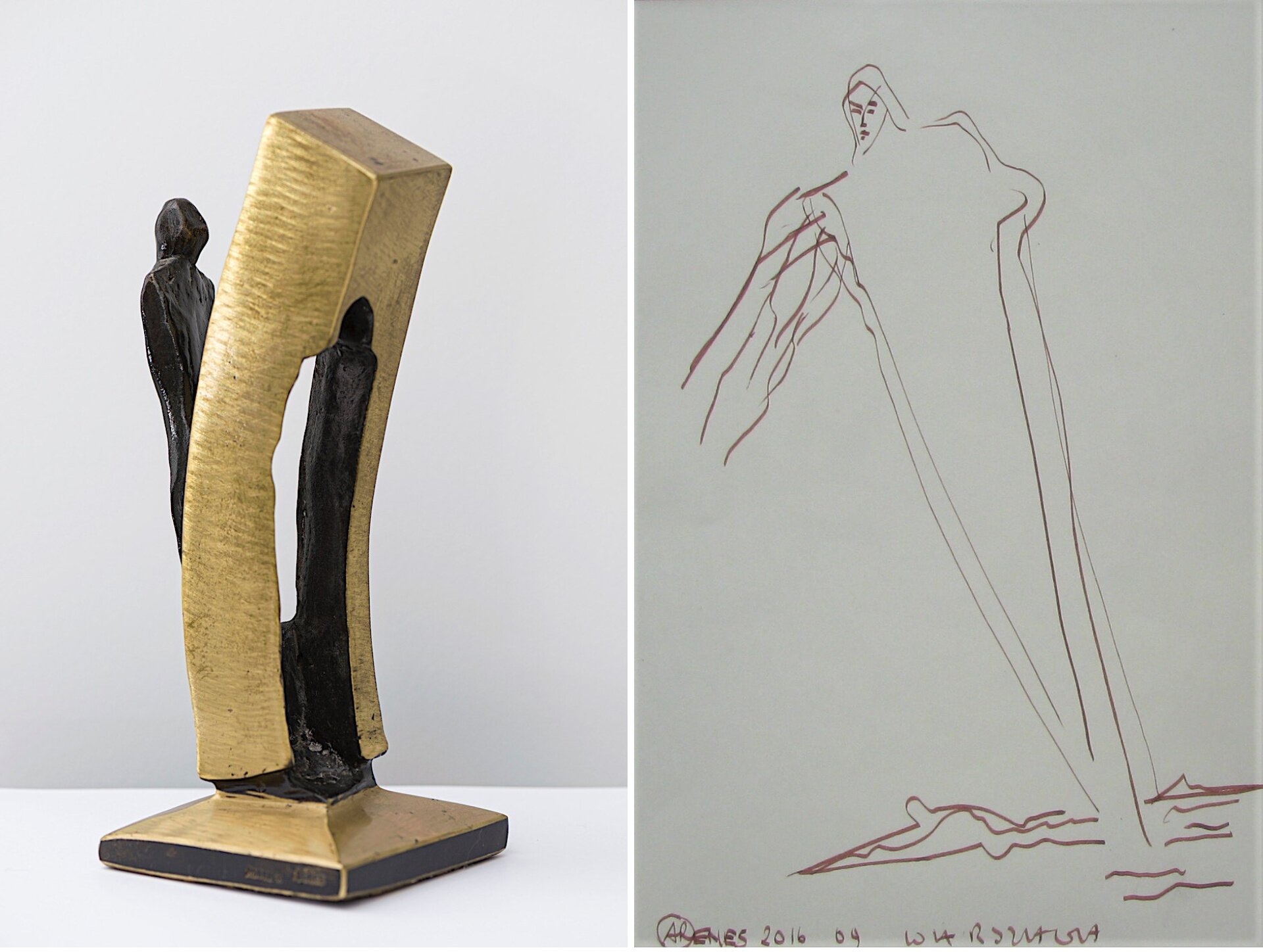 Fotografia przedstawia dwie prace autorstwa Andrzeja Renesa pod tytułem „Wyjście”. Praca z lewej strony to rzeźba ukazująca postać wychodzącą z formy w kształcie sztabki. Praca z prawej strony tu rysunek do rzeźby – naszkicowana postać o bliżej nieokreślonej płci, ubrana w szaty sięgające do ziemi. 