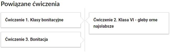 Widok przykładowego przycisku ćwiczeń powiązanych z danym multimedium. Po lewej stronie znajdują się dwa podłużne kafelki z napisem. Ćwiczenie 1. Klasy bonitacyjne. Ćwiczenie 3. Bonitacja. Po prawej stronie znajduje się kafelek z napisem. Ćwiczenie 2. Klasy VI - gleby orne najsłabsze.