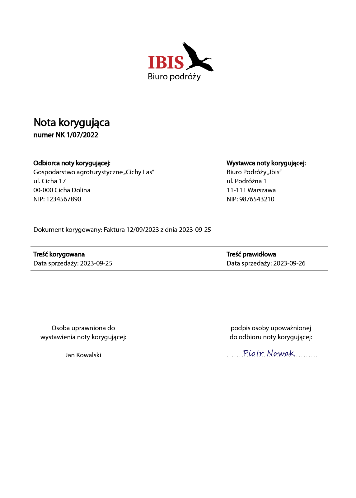 Grafika przedstawia przykład noty korygującej stanowiącej dokument fiskalny.