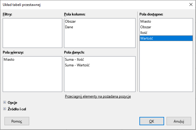 Ilustracja przedstawia otwarte okno dialogowe Układ tabeli przestawnej składające się z pięciu pół: Filtry, Kolumny, Wiersze, Wartości, Pola dostępne. W Pola kolumn wpisane są elementy: Obszar, Dane. W Pola dostępne wpisane są elementy: Miasto, Obszar, Ilość (podświetlone), Wartość. W Pola wierszy wpisany jest element Miasto. W Pola danych wpisane są elementy: Suma – Ilość, Suma – Wartość. Na dole okna znajdują się przyciski: Pomoc, OK, Anuluj.