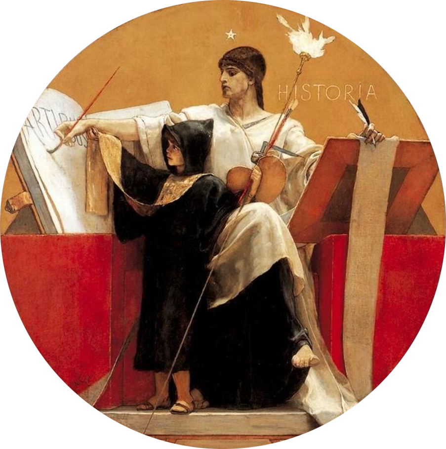 Obraz przedstawiający chłopca w habicie stojącego na przeciw wielkiej, otwartej księgi. Za nim znajduje się postać dorosłego mężczyzny, którego ręką kieruje chłopiec, zapisując w ten sposób coś w księdze. Ta postać to symbol historii.