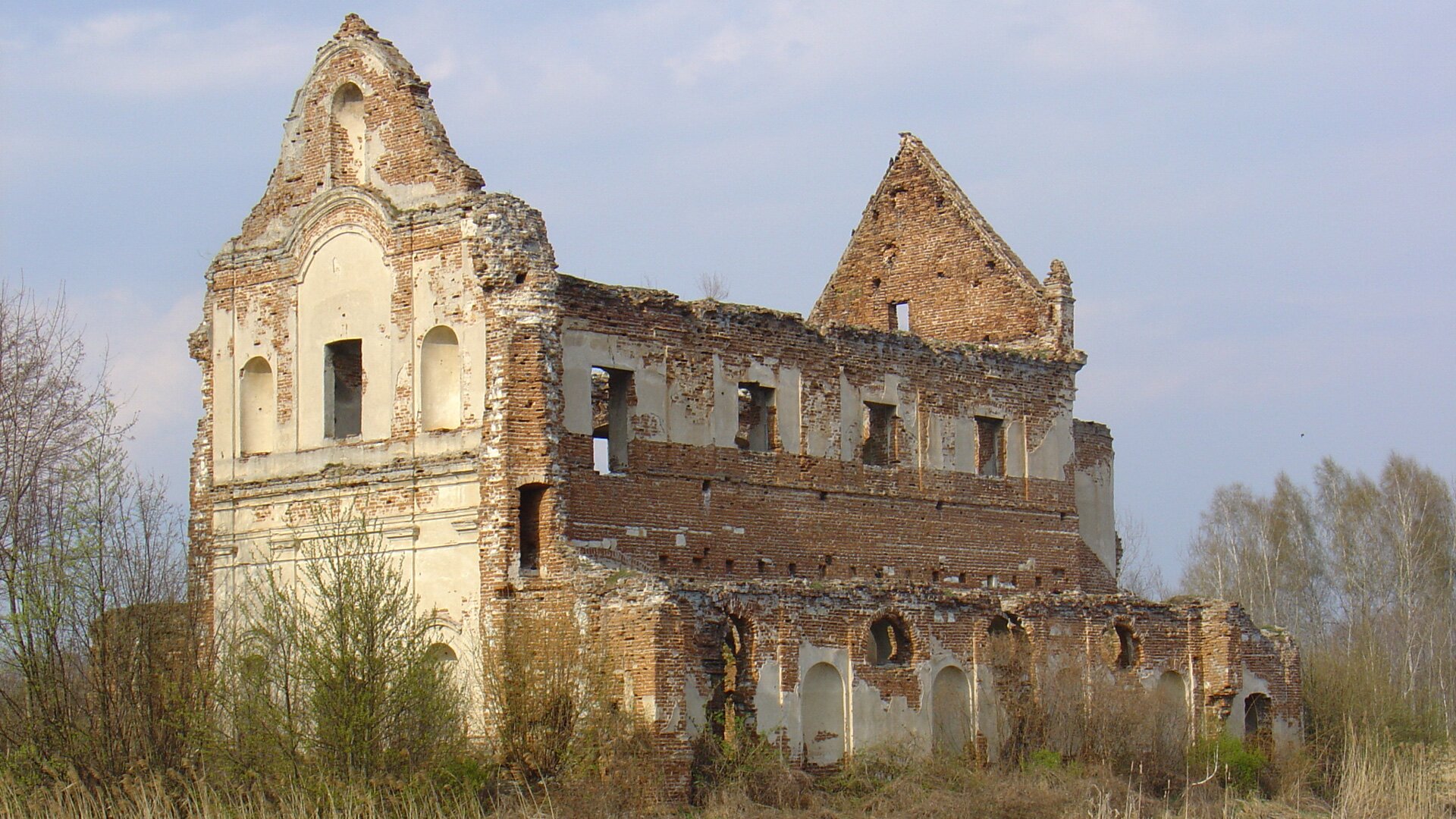 Zdjęcie przedstawia ruiny budowli wzniesionej w stylu późnobarokowym, orientowanej, murowanej z cegły (niektóre elementy były wykonane z opoki licowane cegłą) i otynkowanej. Wybudowana na planie prostokąta, składała się z trzech naw, reprezentowała typ kościoła bazylikowego, wzorowana była na archikatedrze w Lublinie. Prezbiterium było zamknięte półkolistą absydą, po bokach znajdowały się dwie prostokątne zakrystie. Dach dwuspadowy nad nawą główną był pokryty gontem, a nawy boczne nakrywał dach pulpitowy, na środku była umieszczona kiedyś zwieńczona kopułą sygnaturka. Elewacja frontowa (od strony zachodniej) była dwukondygnacyjna i posiadała trzy osie. Po bokach były wtopione częściowo w fasadę dwie okrągłe wieżyczki (obecnie nie posiadają kopułek).
