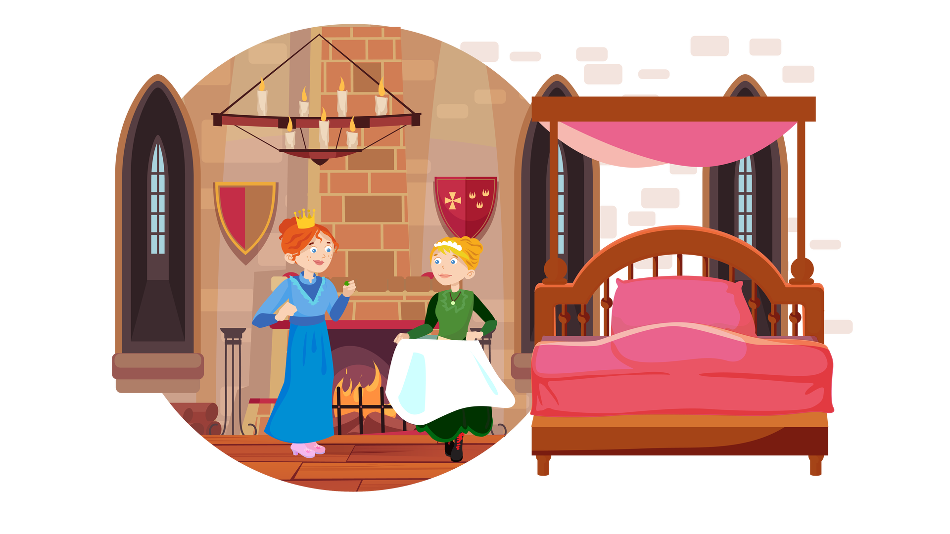 Ilustracja przedstawia pomieszczenie w zamku. W tle widać ścianę z trzema wysokimi oknami i kominkiem, w którym płonie drewno. Po obu stronach kominka wiszą na ścianie herby. Jeden jest bordowo‑brązowy, a drugi bordowy z żółtym krzyżem i trzema niewielkimi koronami. Po prawej stronie znajduje się duże brązowe łóżko z różową pościelą i różowym baldachimem. Obok łóżka stoją dwie kobiety. Jedna z nich ma rude włosy upięte w kok i złotą koronę na głowie. Jest ubrana w długą niebieską suknię i jasnofioletowe buty. W lewej dłoni trzyma ziarenko grochu. Druga kobieta ma blond włosy upięte z tyłu głowy i białą opaskę. Jest ubrana w długą ciemnozieloną suknię z białym fartuszkiem i wysokie czarne buty z czerwonymi sznurówkami. Fartuszek trzyma w dłoniach.