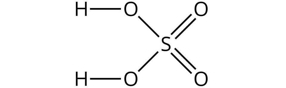 Ilustracja przedstawiająca wzór kwasu siarkowego(sześć) zbudowanego z atomu siarki S, od którego poprowadzono dwa wiązania podwójne i dwa wiązania pojedyncze łączące go z atomami tlenu. Od atomów tlenu związanych z atomem siarki za pomocą wiązań pojedynczych poprowadzono po jednym wiązaniu pojedynczym do dwóch atomów wodoru.