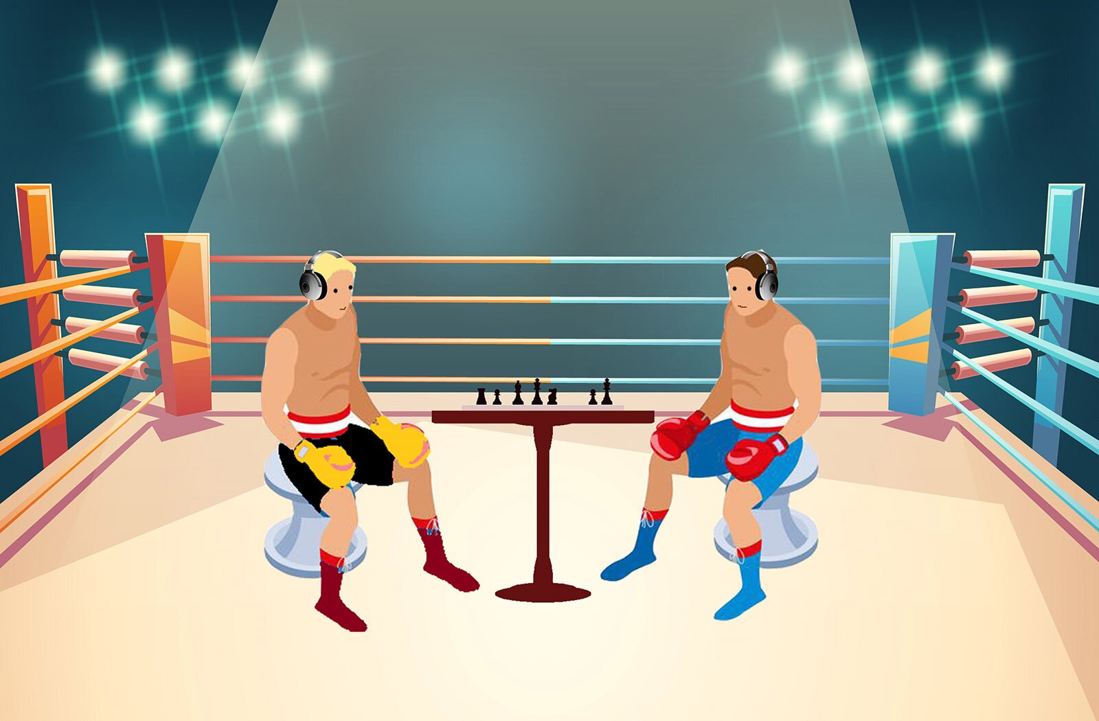 Ilustracja przedstawia ring bokserski z ustawionym na środku stolikiem do gry w szachy. Widoczni są bokserzy siedzący przy szachownicy, mają słuchawki na uszach.