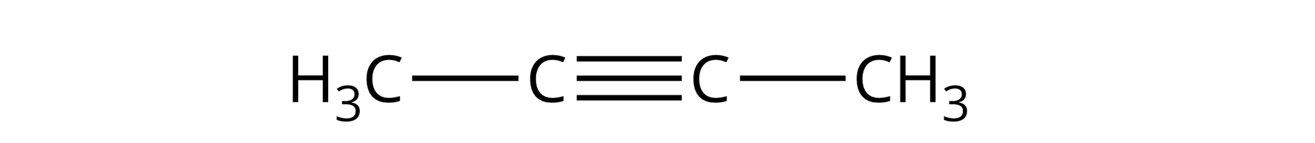 Ilustracja przedstawia cząsteczkę but-2-ynu. Budowa: grupaCH3 połączona z atomem węgla C tworzącym wiązanie potrójne z kolejnym atomem węgla, połączonym wiązaniem pojedynczym z grupą metylową CH3.