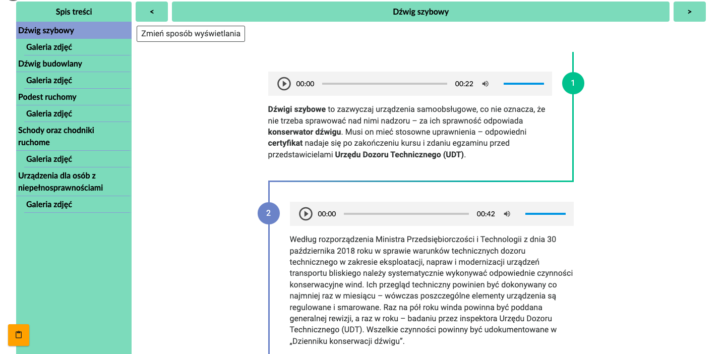 Ilustracja przedstawia przykładowy widok materiału pomocniczego. Z lewej strony znajduje się spis treści.