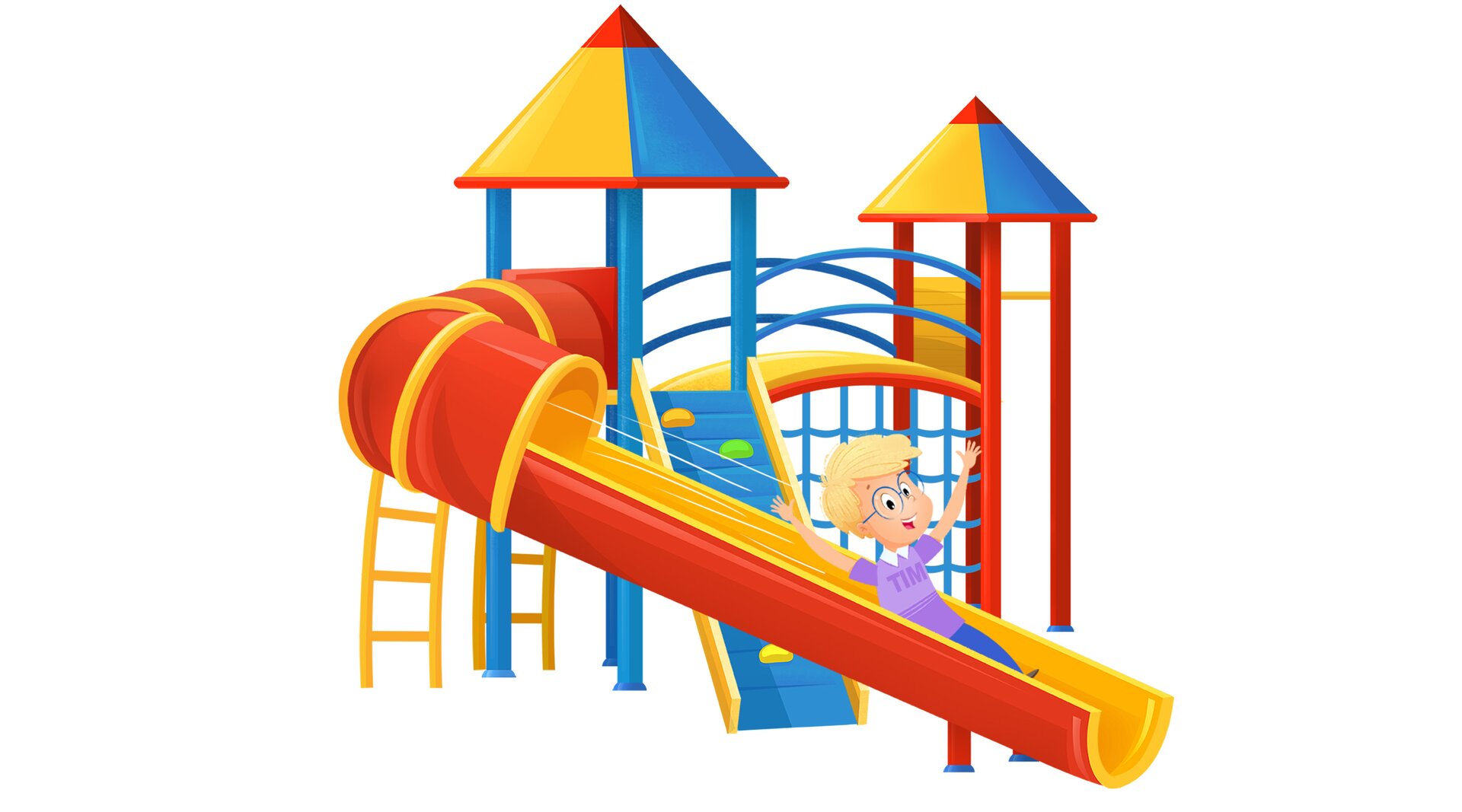 Na ilustracji znajduje się Tim na zjeżdżalni.