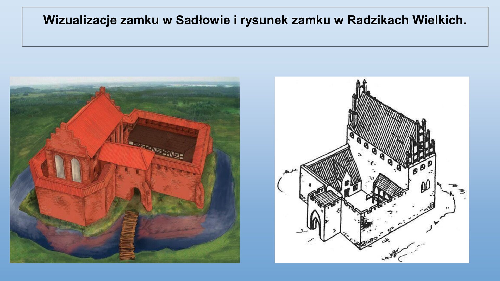 Niebieski slajd. U góry nagłówek: „Wizualizacje zamku w Sadłowie i rysunek zamku w Radzikach Wielkich”. Niżej dwie ilustracje ustawione jedna obok drugiej. Z lewej strony ilustracja przedstawiająca zamek wykonany z czerwonej cegły. Z lewej strony wysoki budynek ze skośnym dachem, a z prawej plac otoczony wysokim murem obronnym. Wokół zamku fosa, nad którą znajduje się drewniany most. Wokół fosy zielona trawa. Z prawej strony slajdu biało‑czarna ilustracja przedstawiająca zamek. Składa się z wysokiego budynku ze skośnym dachem oraz prostokątnego placu znajdującego się przed budynkiem. Plac otoczony jest murem, a w jego centralnej części, na wprost budynku mieszkalnego, brama.