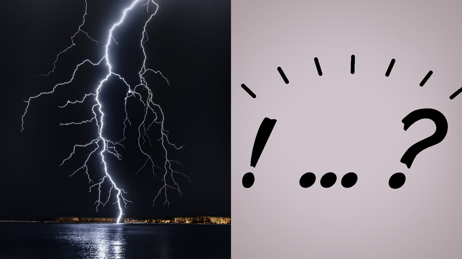 Ilustracja składa się ze zdjęcia i grafiki. Po lewej stronie znajduje się zdjęcie przedstawiające białą błyskawicę przecinającą czarne niebo i uderzającą w powierzchnię ciemnej wody. Błyskawica jest pionowa, z licznymi bocznymi rozgałęzieniami. Na horyzoncie widać pionowe skały rozciągające się wzdłuż zbiornika wodnego, oświetlone jej światłem.  Po prawej stronie znajduje się grafika, na której widoczne są wykrzyknik, wielokropek i znak zapytania na szarym tle. Nad nimi umieszczono krótkie kreski, ułożone w łuk.