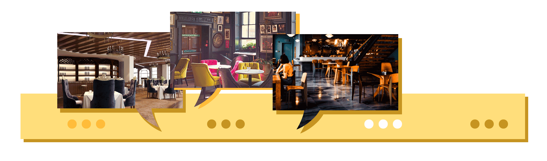Grafika przedstawia trzy zdjęcia restauracji. Znajdują się one na żółtym pasku z trzykropkami. Nie ma w nich żadnych klientów na dwóch pierwszych zdjęciach. Na pierwszym zdjęciu są czarne krzesła i białe stoły. Na drugim są żółte i różowe fotele. Na trzecim zdjęciu są brązowe, drewniane stoły i krzesła. Przy jednym stoliku siedzą klienci. 