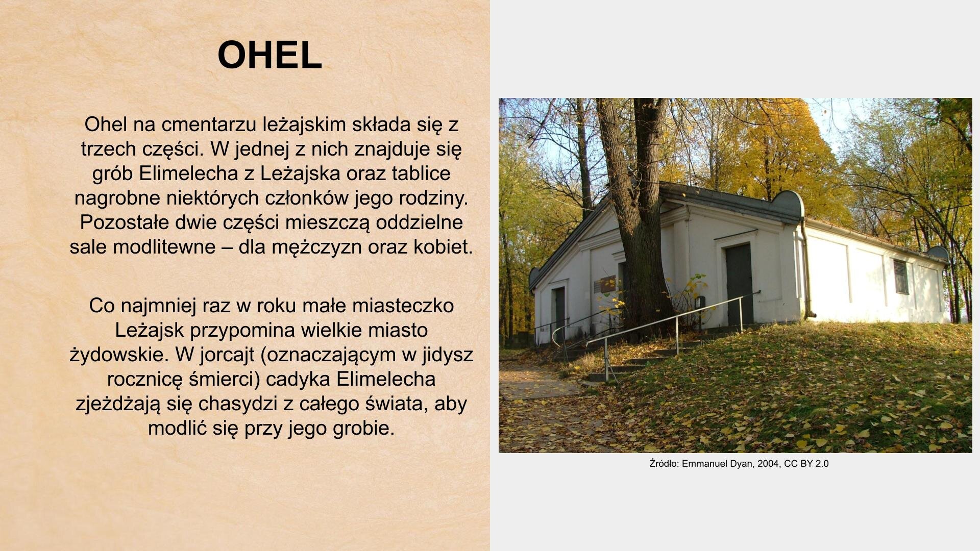 W lewym górnym rogu slajdu nagłówek: „Ohel”. Poniżej tekst: „Ohel na cmentarzu leżajskim składa się z trzech części: w jednej znajduje się grób Elimelecha z Leżajska oraz tablice nagrobne niektórych członków jego rodziny,  pozostałe dwie części mieszczą oddzielne sale modlitewne - dla mężczyzn oraz kobiet. Co najmniej raz w roku małe miasteczko Leżajsk przypomina wielkie miasto żydowskie. W jorcajt (oznaczający w jidysz rocznicę śmierci) cadyka Elimelecha zjeżdżają chasydzi z całego świata modlić się przy jego grobie”. Po prawej stronie zdjęcie przedstawiające fragment parterowego, jasnego budynku ze skośnym dachem. Widoczne są drzwi główne, znajdujące się pośrodku budynku, a także mniejsze, boczne, znajdujące się z prawej i lewej strony. Do każdych drzwi prowadzą schody. Przy głównych drzwiach złota tabliczka. W budynku nie ma okien. Przed budynkiem, pomiędzy drzwiami, wysokie, grube drzewo. Pod zdjęciem tekst: „Grób Elimelecha na cmentarzu żydowskim w Leżajsku. Źródło: Advo, 2016, shutterstock”.