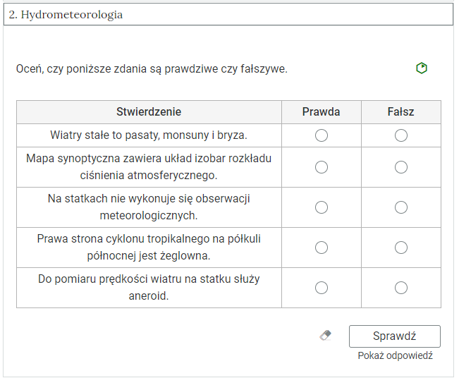 Zdjęcie przedstawia otwartą zakładkę z przykładowym zadaniem. Pod nazwą zakładki znajduje się polecenie. Pod poleceniem widać treść zadania z odpowiedziami do wyboru. Po prawej stronie polecenia widać zielony sześciokąt. Poniżej zadania, po prawej stronie panelu znajduje się ikona sprawdź. Po jej lewej stronie widać symbol gumki. Poniżej przycisku sprawdź znajduje się napis pokaż odpowiedź.