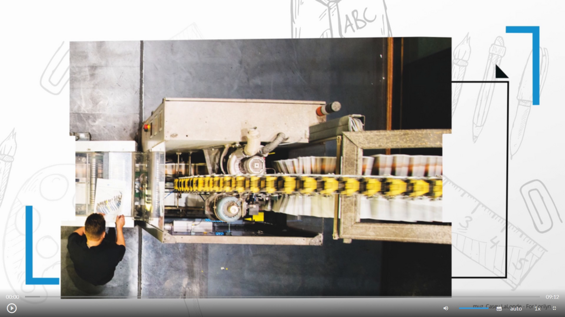 Grafika przedstawia widok ekranu animacji 3D. Na grafice widać pasek sterowania animacją, który zawiera przycisk startu animacji, suwak głośności, przycisk włączenia napisów, przycisk wyboru jakości odtwarzanej animacji, przycisk wyboru prędkości odtwarzania animacji oraz przycisk włączenia pełnego ekranu. 