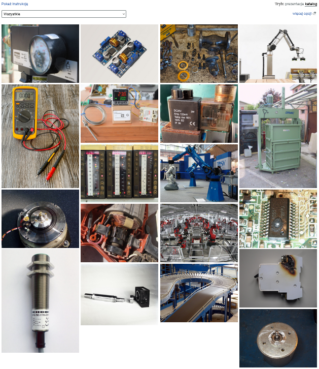 Ilustracja przedstawia katalog elementów układów automatyki przemysłowej. Grafiki ułożone są w rzędach. Powyżej widać pole, dzięki któremu można posortować grafiki ze względu na kategorie.
