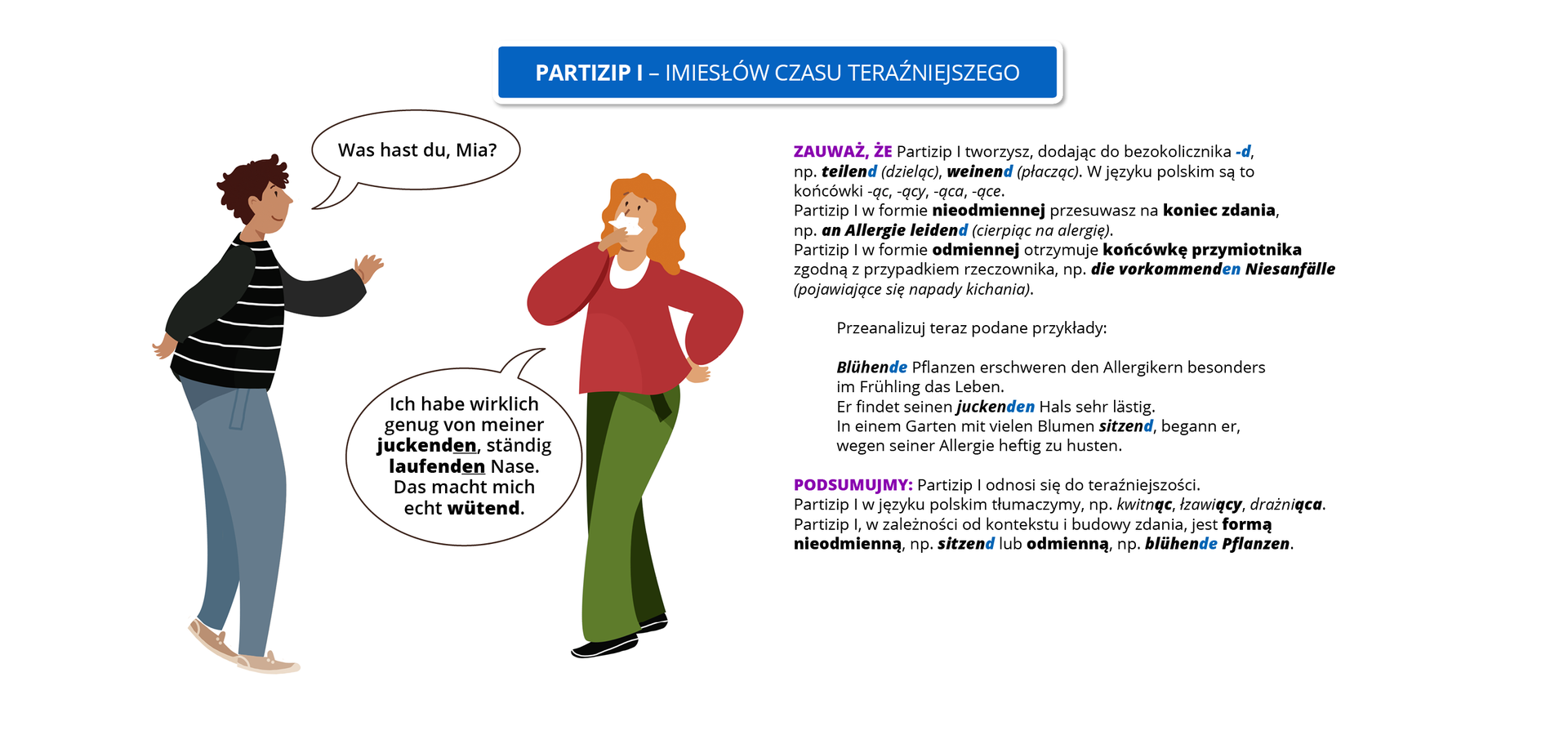 Ilustracja zawiera poradę językową.
Ilustracja nosi tytuł Partizip I  – imiesłów czasu teraźniejszego. Przedstawia dwie rozmawiające ze sobą osoby: mężczyznę i kobietę. Mężczyzna pyta: Was hast du, Mia? Kobieta odpowiada: Ich habe wirklich genug von meiner juckenden, ständig laufenden Nase. Das macht mich echt wütend. 
Pozostałą część ilustracji stanowi tekst, którego treść wyświetla się w trybie dostępności.
