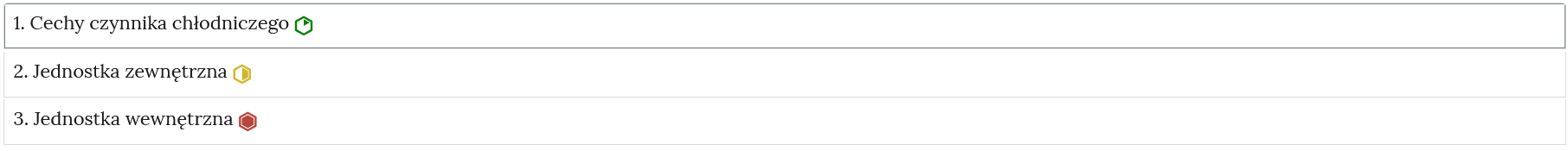 Grafika przedstawia przykładowy widok zadania. Na zdjęciu widoczne są niewielkie prostokąty tworzące zakładki, które zostały opatrzone nagłówkami. Po prawej stronie od tytułów mieszczą się oznaczenia w postaci okręgów: zielonych oraz żółtych. 