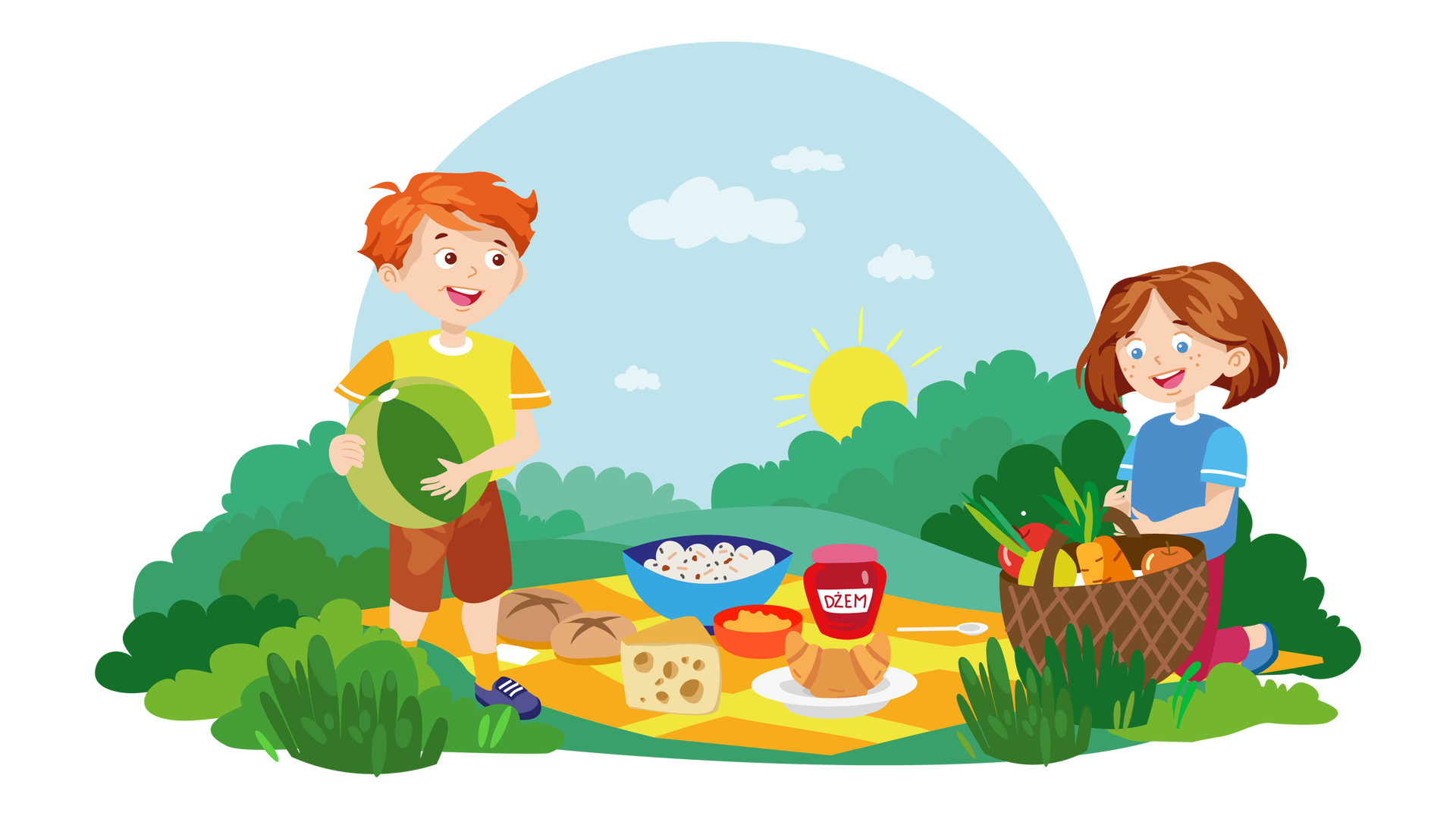 Ilustracja przedstawia teren porośnięty zielenią. W tle widać błękitne niebo ze słońcem i chmurami oraz zarys lasu. Na pierwszym planie jest rozłożony koc w żółto‑pomarańczową kratę. Po lewej stronie leżą na nim dwie bułki, dalej jest kawałek żółtego sera, niebieska miska z sałatką, czerwona miska z pastą do smarowania pieczywa, słoik czerwonego dżemu, rogalik na białym talerzyku oraz łyżka. Na lewo od koca stoi szeroko uśmiechnięty Franek z zieloną piłką plażową w rękach. Po prawej stronie ilustracji znajduje się duży ciemnobrązowy kosz, w którym są różne warzywa i owoce: jabłka, marchewki i cebule. Przy koszu klęczy szeroko uśmiechnięta Maja i patrzy na jego zawartość.
