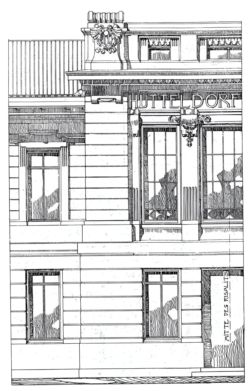 Czarno‑biała ilustracja przedstawia fragment elewacji budynku, na którym widnieje nazwa w języku niemieckim: „HUTTELDORF”. Wejście do budynku umieszczono z prawej strony ilustracji. Obok drzwi wejściowych okna budynku. Budynek jest jednopiętrowy i posiada bogato zdobioną elewację - obecne są ornamenty oraz zdobienia nad oknami. 