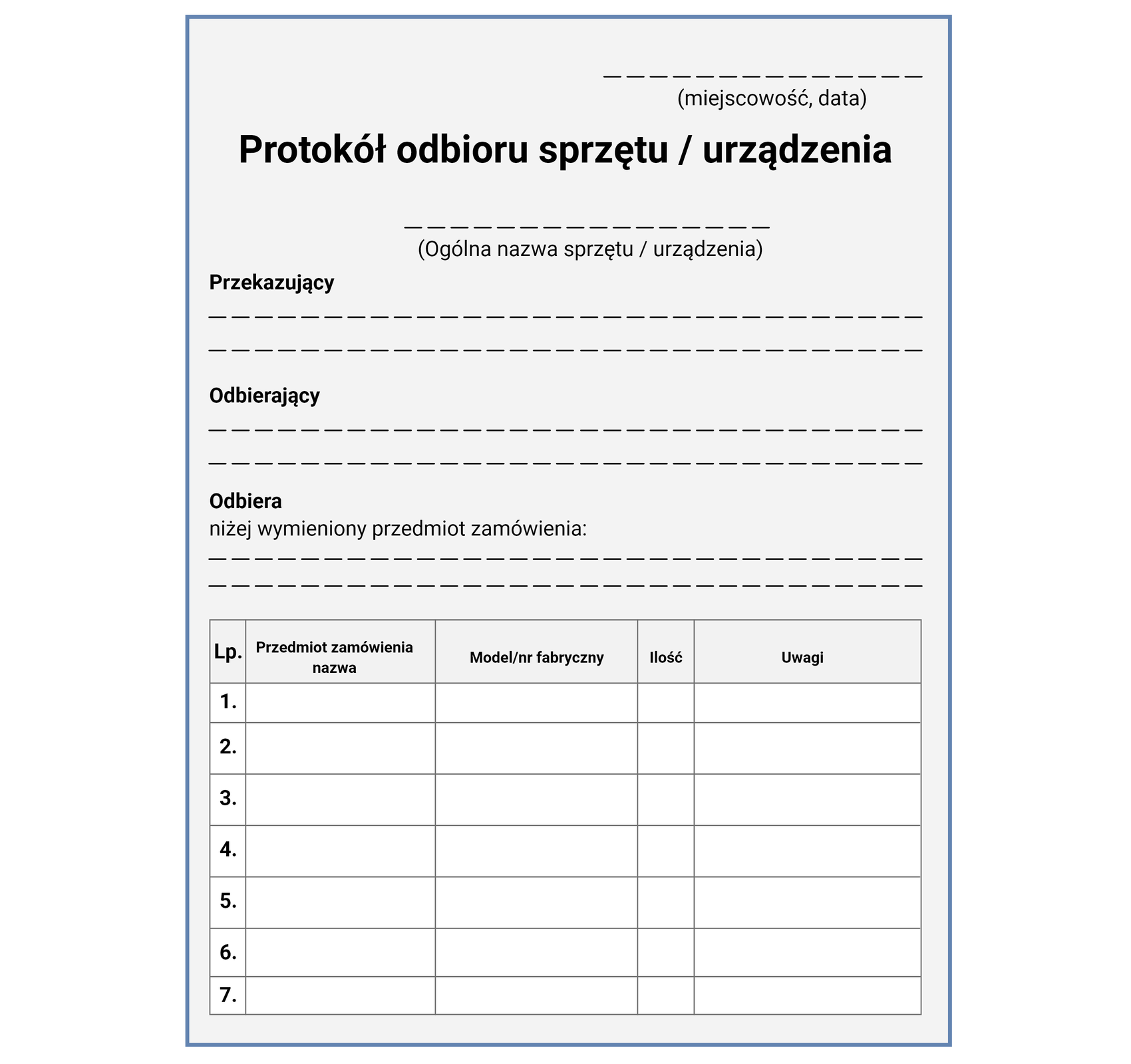 Protokól odbioru sprzętu/urządzenia