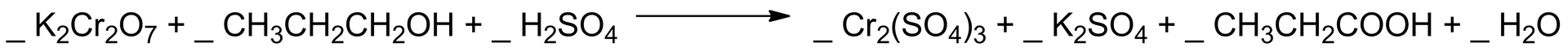 Na ilustracji jest równanie reakcji: tu uzupełnij K 2 C r 2 O 7 + tu uzupełnij C H 3 C H 2 C H 2 O H + tu uzupełnij H 2 S O 4 ⟶ C r 2 S O 4 3 + tu uzupełnij K 2 S O 4 + tu uzupełnij C H 3 C H 2 C O O H + tu uzupełnij H 2 O .