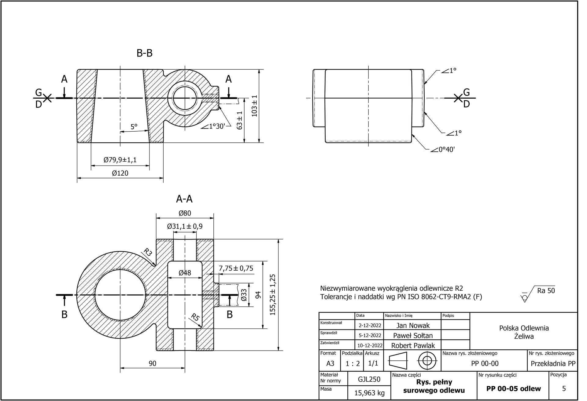 Rysunek trzynasty. Rysunek konstrukcyjny pełny detalu przedstawia surowy odlew korpusu w dwóch rzutach -  bocznym oraz rzucie z przodu. U góry widok z perspektywy bocznej. Nad nim zapisano B‑B. Rysunek składa się, idąc od lewej z zakreskowanego trapezu prostokątnego z dłuższą podstawą zorientowaną poziomo u góry. Oraz kątami prostymi znajdującymi się przy lewym ramieniu. Przylega do niego trapez równoramienny, przez który poprowadzona jest linia składająca się z naprzemiennie rozmieszczonych krótkich i długich linii. Linię tę przecina pod kątem prostym w około dwóch trzecich, licząc od dołu, analogicznie linia pozioma poprowadzona przez cały detal i wychodząca poza niego. Z lewej strony na linii oznaczono A, pogrubiając linię poniżej litery. Po lewej stronie oznaczenia na linii naniesiony jest krzyżyk, po którego lewej stronie znajdują się odpowiednio nad linią duża litera G, zaś poniżej duża litera D. Kąt utworzony we wnętrzu korpusu wynosi pięć stopni i został zaznaczony w połowie trapezu od linii dzielącej trapez pionowo na dwie części do prawego ramienia. Długoś dolnej podstawy trapezu zaznaczono jako siedemdziesiąt dziewięć przecinek dziewięć, plus minus jeden przecinek jeden, co odpowiada średnicy wewnętrznej we wspomnianym miejscu. Poniżej zaznaczono średnicę zewnętrzną wynoszącą sto dwadzieścia. Po prawej stronie od trapezu odpowiadającego wnętrzu korpusu znajduje się drugi zakreskowany trapez analogiczny do pierwszego z lewej i stanowiący jego odbicie lustrzane. Trapez ten łączy się z pierścieniem, który jest również zakreskowany i jest zatopiony w trapezie. Średnicę pierścienia wyznacza wspomniana uprzednio pozioma linia składająca się z krótkich i długich naprzemiennie ułożonych linii. Pionowo poprowadzona linia przecina ją pod kątem prostym i wyznacza środek okręgu utworzonego przez pierścień. Z prawej strony na poziomej linii również zaznaczono A i pogrubiono linię. Z prawej strony również zaznaczono wymiary. Długość odcinka poprowadzonego pod kątem prostym od linii poziomej wyznaczającej średnicę pierścienia do linii poziomej wyznaczającej krótszą podstawę dwóch zakreskowanych trapezów, znajdujących się u dołu schematu. Jej wartość wynosi sześćdziesiąt trzy, plus minus jeden. Ponadto z prawej strony zaznaczono wysokość zakreskowanych trapezów wynoszącą sto trzy, plus minus jeden. Z prawej strony znajduje się drugi rzut boczny. Stanowią dwa duże prostokąty przylegające do siebie dłuższymi bokami o tej samej długości, które usytuowane są poziomo. Krótszy bok dolnego prostokąta jest dłuższy niż krótszy bok mniejszego, górnego prostokąta. Z dwóch stron prostokątów umiejscowione są dwa foremne prostokąty z dłuższymi bokami usytuowanymi pionowo i przylegającymi do krótkich boków prostokątów znajdujących się pomiędzy nimi, przy czym do boków dolnego prostokąta nie do końca. Wspólny bok znajdujących się w środku prostokątów jest  przedłużony w lewą i w prawą stronę. Z prawej przedłużenie stanowi przerywana linia. Zaznaczono na niej krzyżyk. Z jego prawej strony, nad pionową linią znajduje się duża litera G, zaś pod – duża litera D. Opisano również wymiary. Poniżej znajduje się rysunek, który przedstawia rzut z przodu. Opisany A‑A. Stanowi go pierścień, którego wnętrze jest zakreskowane. Przez środek okręgu wyznaczonego przez wspomniany pierścień poprowadzone są prostopadłe linie – pionowa i pozioma – składające się z naprzemiennie rozmieszczonych krótkich i długich kresek. Pozioma przechodzi przez cały rysunek, wychodząc poza elementy stanowiące detal. Po lewej stronie na końcu wspomnianej linii zaznaczono od dołu skierowaną do niej i styczną do niej strzałkę pionową, pod którą znajduje się wielka litera B. Na drugim końcu, po prawej stronie, za elementami należącymi do detalu również znajduje się takie samo oznaczenie. W prawej części rysunku znajduje się przekrój podłużny przez drugą część. Do wspomnianego pierścienia przylega również zakreskowany prostokąt o dłuższym boku zorientowanym pionowo z oznaczoną długością równą sto pięćdziesiąt pięć przecinek dwadzieścia pięć, plus minus jeden przecinek dwadzieścia pięć. Jest on częściowo wydrążony z prawej strony. Dalej znajduje się przestrzeń wewnątrz detalu o średnicy wynoszącej trzydzieści jeden przecinek jeden, plus minus zero przecinek dziewięć. Średnica wynosi tyle w górnej części i dolnej. Z kolei w środkowej średnica jest większa i na długości wynoszącej dziewięćdziesiąt cztery, jest równa czterdzieści osiem. Dalej znajduje się analogiczny wydrążony tym razem z lewej strony, zakreskowany prostokąt. Na środku dłuższego zorientowanego pionowo prostokąta osadzony jest mniejszy, również zakreskowany prostokąt o krótszym boki równym siedem przecinek siedemdziesiąt pięć, plus minus zero przecinek siedemdziesiąt pięć. Dłuższy bok prostokąta jest również oznaczony jako średnica równa trzydzieści trzy. W prawym dolnym rogu znajdują się dane. Nazwa części, to jest rysunek pełny surowego odlewu. Dalej Polska Odlewnia Żeliwa. Zamieszczono także: datę, imiona i nazwiska konstruktora, osoby sprawdzającej i zatwierdzającej. Format, podziałkę, materiał, numer normy, masę, nazwę rysunku złożeniowego, numer rysunku złożeniowego, numer rysunku części i pozycję. 