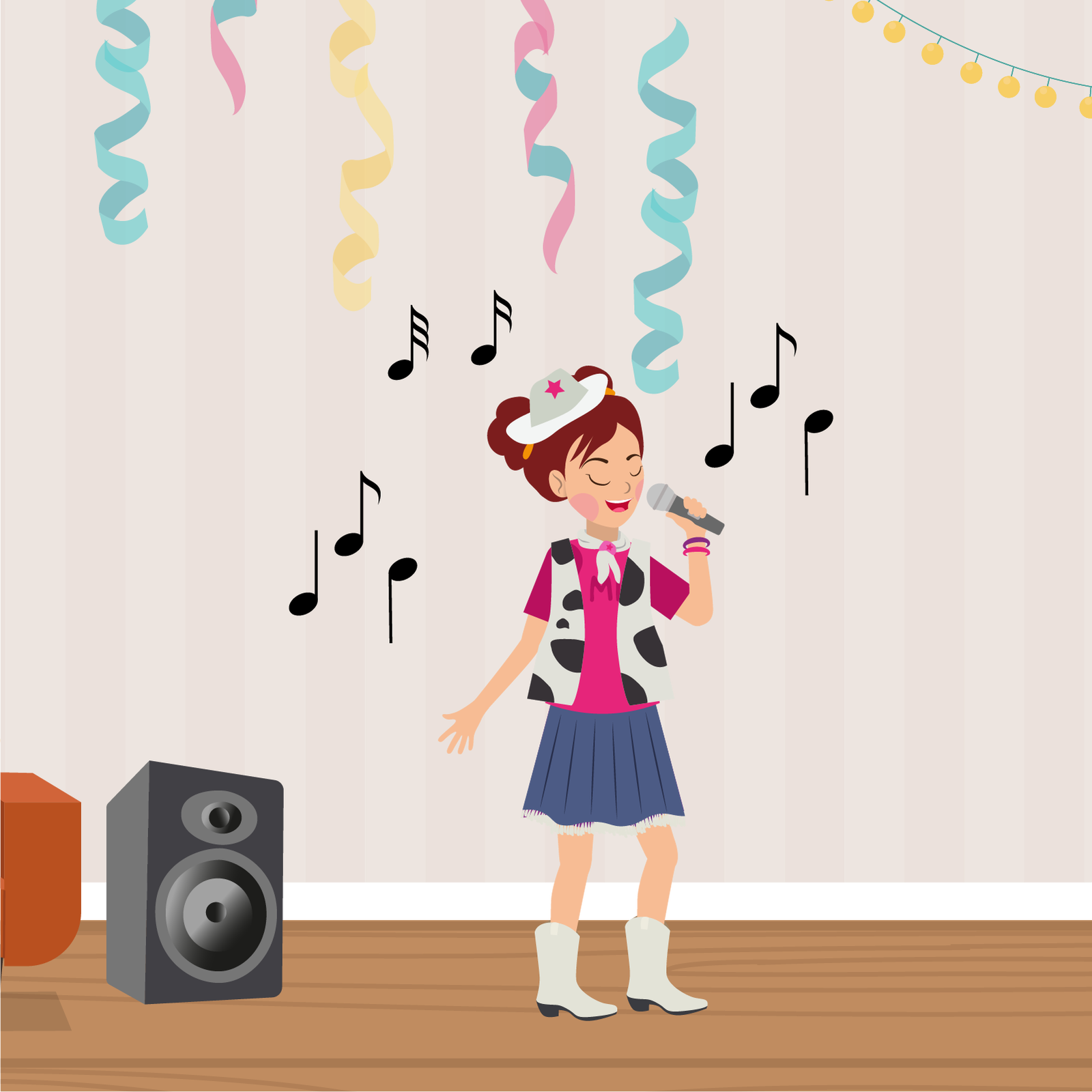 Ilustracja przedstawia Mię, która trzyma w dłoni mikrofon i śpiewa. 