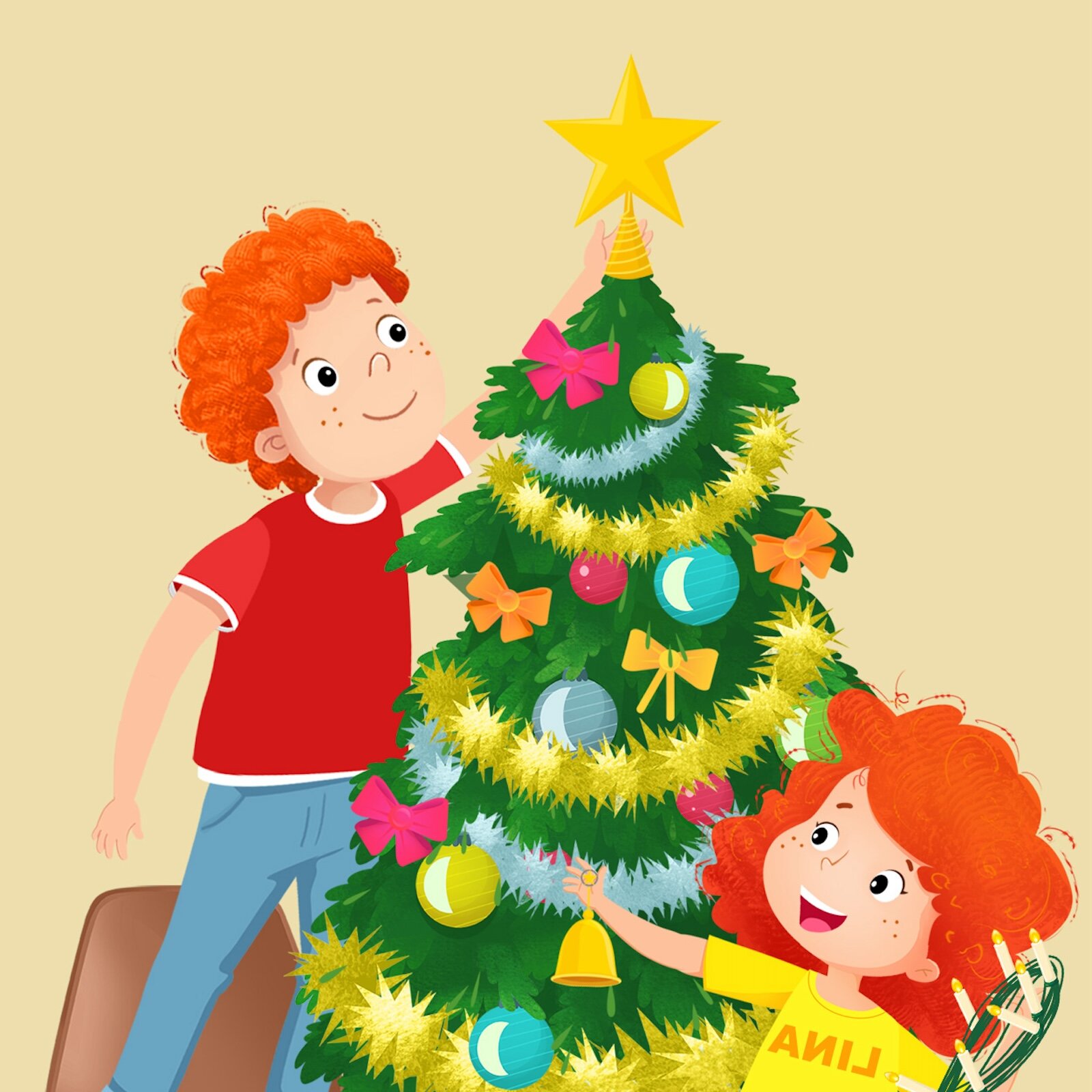 Ćwiczenie przedstawia chłopca i dziewczynkę podczas ubierania choinki.