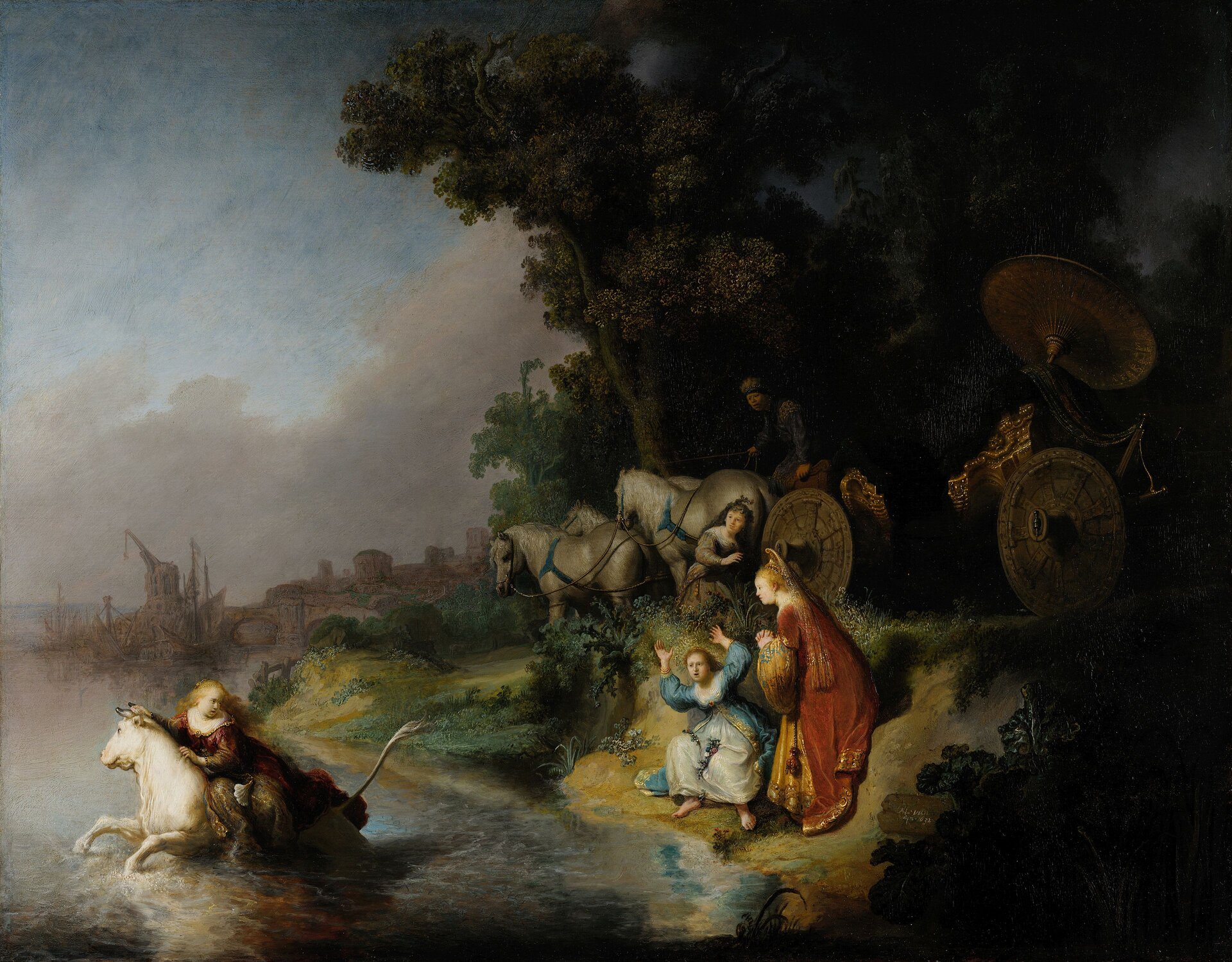 Ilustracja przedstawia obraz Rembrandta pt. „Porwanie Europy”. Po lewej stronie obrazu widzimy wodę, w której galopuje biały byk, trzymając na grzbiecie kobietę w brązowej sukni i długich blond włosach. Kobieta z wyrazem przerażenia na twarzy odwraca się do towarzyszek, które stoją na brzegu. Są to dwie kobiety, jedna z nich, w biało – niebiskiej sukni, ma podniesione ręce do góry i krzyczy, druga, w sukni czerwono – złotej, składa ręce do modlitwy. Patrzą za uprowadzoną Europą. Powyżej kobiet znajdują się kolejne dwie postacie, chowające się przy wozie, zaprzężonym w cztery białe konie. Po prawej stronie rozpościera się ciemny las. W tle widać miasto portowe, niebo jest szare, zachmurzone.