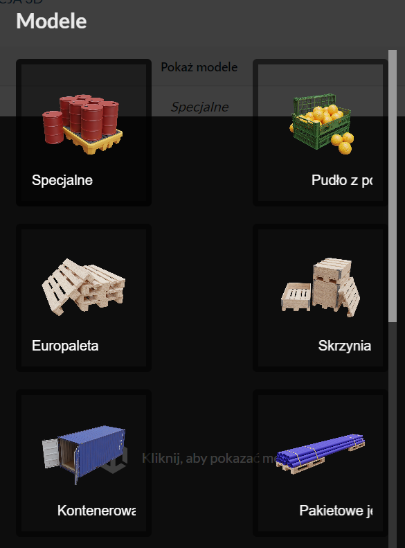 Ilustracja przedstawia widok miniatur jednostek ładunkowych. W ramkach znajdują się grafiki oraz podpisy przedstawiające dane jednostki ładunkowe. Po kliknięciu w nie pojawia się pełnowymiarowy model.