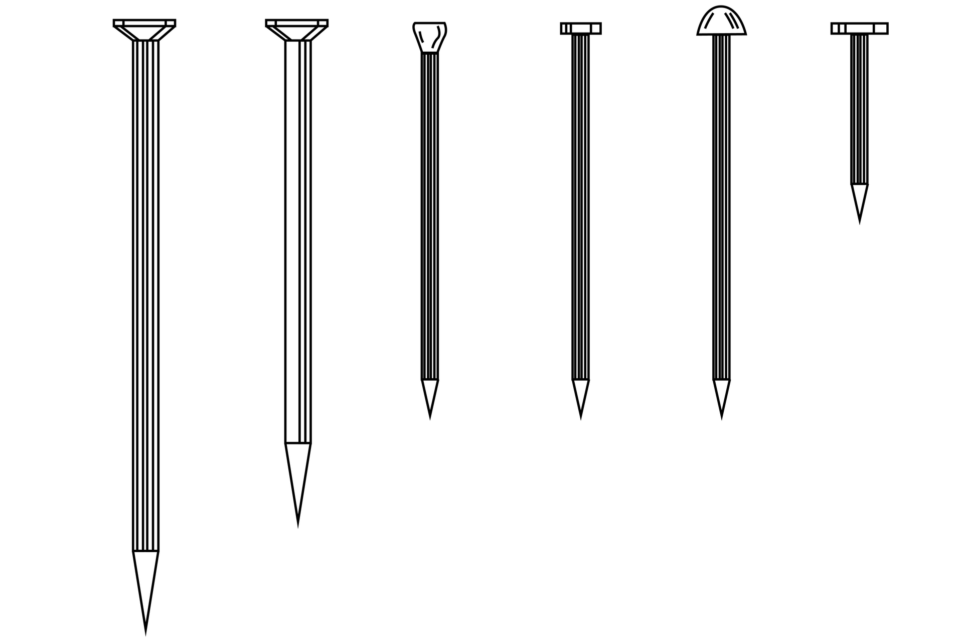 Grafika przedstawia sześć różnej długości gwoździ o różnym kształcie główki. 